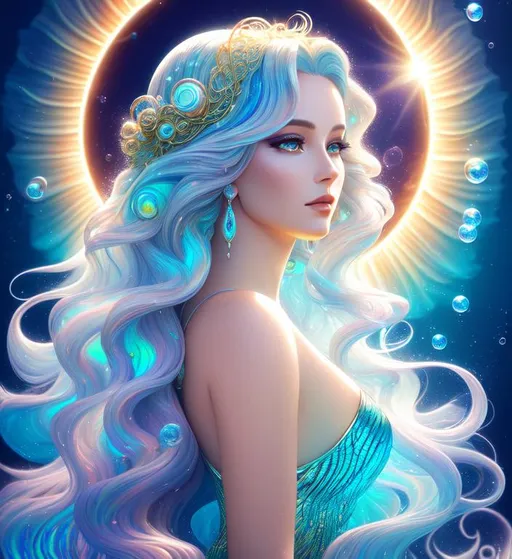 Prompt: Digital style painting, a woman, siren, alien, swimming, deep ocean, sun beams, long curly flowing hair, soft light, seaweed, shells, filigree decoration, backlit, sparkles, bubbles, opal, diamond, underwater, exquisite, fine art, 4k, ultra HD