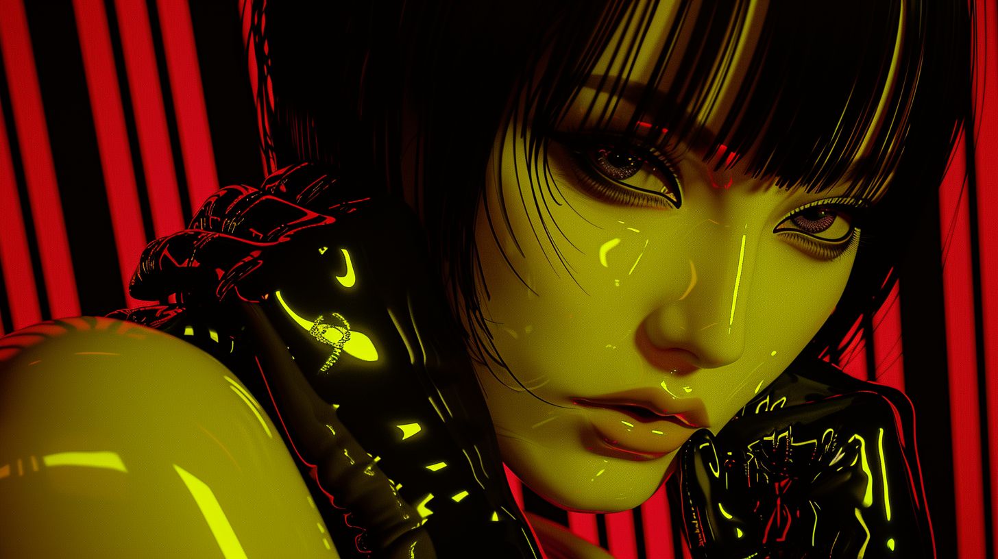 Prompt: an anime cartoon girl posing, in the style of Toonami, with a hard edge aesthetic. The colors are predominantly dark black and yellow, inspired by Japanese prints. The background features dark purple and red hues with jagged edges, giving a sense of untrained artistic expression. This image should have a 3D render appearance, adding depth and realism to the anime character and background, in a wide ratio.