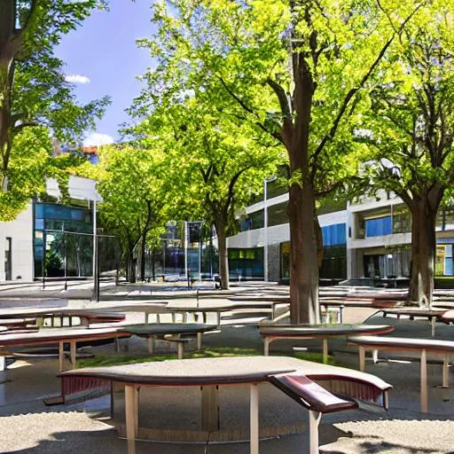 Prompt: university campus with seating area in the middle surrounded on all four sides by the building itself the seating area has tables for studying. lots of seating 
