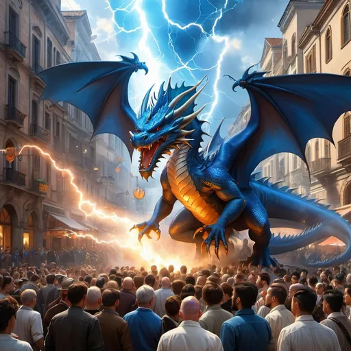 Prompt: A young blue dragon piercing through a crowd breathing lightning, blue explosions, crowd of priests, dynamic pose, fantasy, highly detailed, digital painting, steampunk city, in the streets, big crowd, art by Stanley Lau and Artgerm and magali villeneuve and Alphonse Mucha, artstation, octane render, cgsociety, HDR, UHD, 64k, best quality, best quality, masterpiece:1.5)

