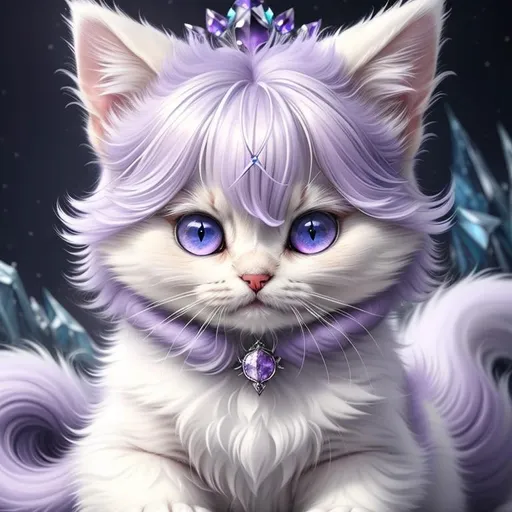 Prompt: (masterpiece, professional oil painting, epic digital art, best quality:1.5), tiny ((kitten)), ice elemental, silky silver-lilac fur covered in frost, timid, ((insanely detailed alert amethyst eyes, sharp focus eyes)), gorgeous 8k eyes, fluffy silver neck ruff covered in frost, two tails, (plump), extremely beautiful, fluffy chest, enchanted, magical, finely detailed fur, hyper detailed fur, (soft silky insanely detailed fur), presenting magical jewel, moonlight beaming, starry sky, frolicking in frosted meadow, grassy field covered in frost, cool colors, professional, symmetric, golden ratio, unreal engine, depth, volumetric lighting, rich oil medium, (brilliant auroras), (ice storm), full body focus, beautifully detailed background, cinematic, 64K, UHD, intricate detail, high quality, high detail, masterpiece, intricate facial detail, high quality, detailed face, intricate quality, intricate eye detail, highly detailed, high resolution scan, intricate detailed, highly detailed face, very detailed, high resolution