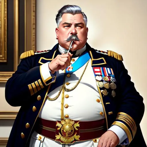 Prompt: Excellent painted  middle aged europen fat man in the clothes of a general from the Austrian Hugaro empire, with a cigarette in his mouth, background with room classic masterpiece painting with detailed face, full body 4k, trending on artstation, octane render, art by artgerm and greg rutkowski and alphonse mucha and craig mullins and James Jean and Andrei Riabovitchev and Marc Simonetti and peter mohrbacher