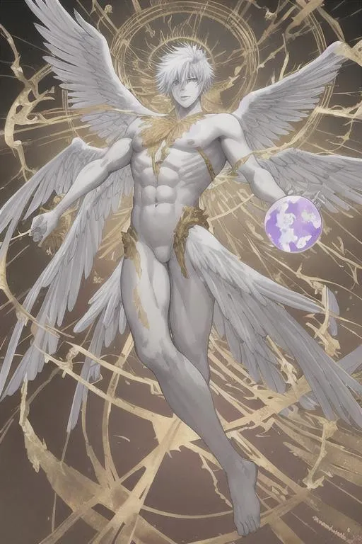 A manga style male angel with marble skin and gold o
