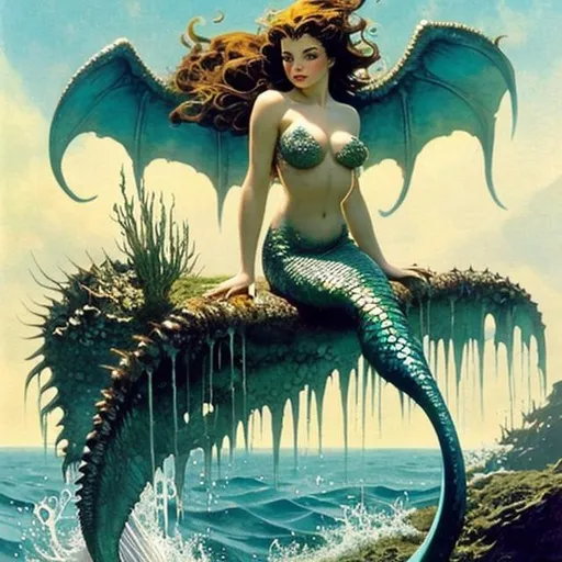 Prompt: beautiful mermaid with gills and spines Splashing and crashing water surrounds it as it breaches the surface of a briney seascape with a far off horizon, the mermaid glistens, frank frazetta, boris vellejo