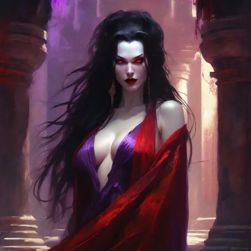 Prompt: digital fantasy portrait of a pale-skinned vampire empress with ((long wavy black hair)), purple eyes, red lips, (DDD cup), she wears revealing red seduction robes with (ample cleavage). set in the remnants of an ancient temple. inspired by Greg Rutkowski, Craig Mullins, and Krenz Cushart