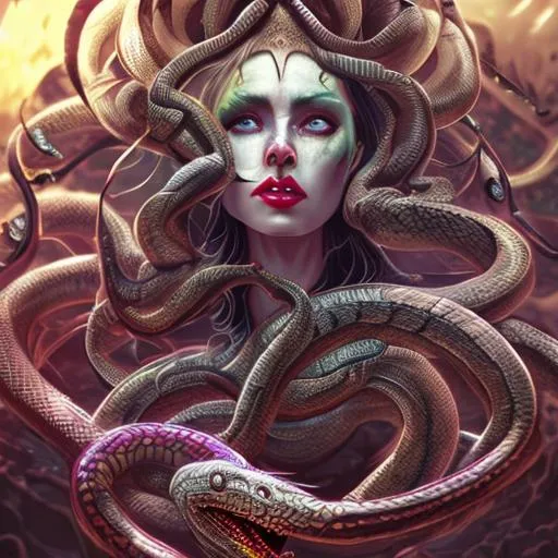 Prompt: medusa, full body, hyper realistic snake hair, dramatic light, evil, detailed, cinematic, sapphic