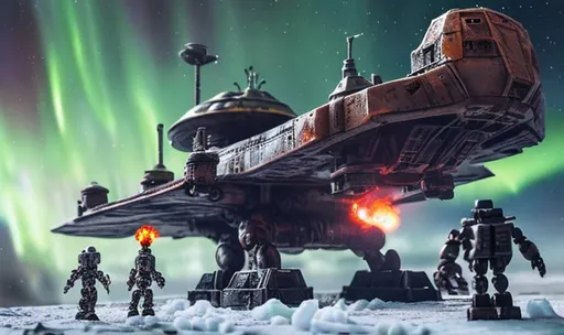 Prompt: huge old rusty spaceship getting repaired  by robots ice planet sparks fire welding people working aurora many colours   guard drinking milk enhance detail turret on spaceship real soldier large toy