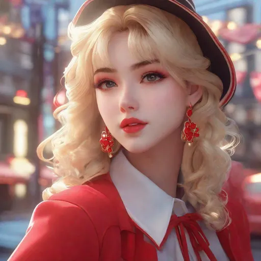 Prompt: 3d anime woman blonde hair, red outfit, vintage americana, aesthetic, cherry earrings, 18 years old, and beautiful pretty art 4k full raw HD