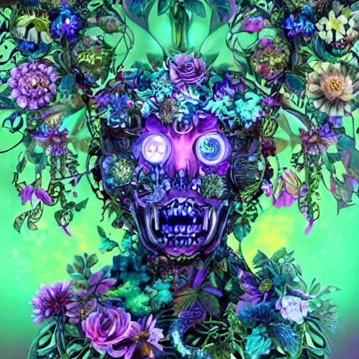 Prompt: ((Cinematic high quality photo)), ((photorealistic close-up portrait masterpiece)) of a mysterious hybrid creature, a fusion of ((floral)) and ((mechanical)) elements, wandering through an enchanted forest of bioluminescent trees and glowing plants. This unique being, with a body covered in lush foliage and intricate gears, has radiant eyes that emit a soft, mesmerizing light. It explores the surreal landscape, a realm where nature and technology coexist harmoniously. Delicate flowers intertwined with polished metal vines form a fascinating, intricate pattern on the creature's skin. High detail, UHD 4k wallpaper, by Roger Dean, Josephine Wall, H.R. Giger, and Daniel Lieske.