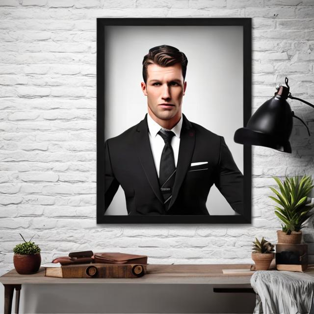 create a real man for a marketing video with a background wall art framed