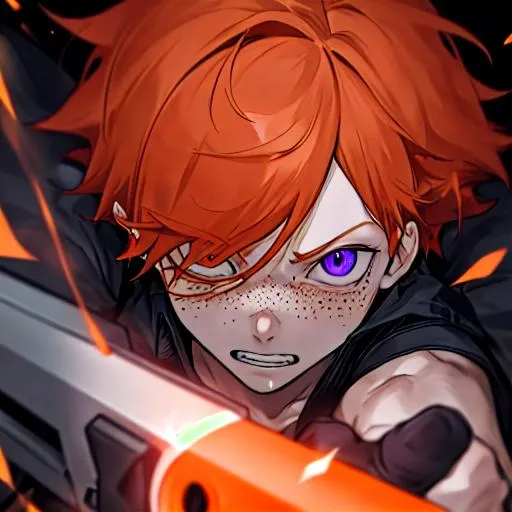 Prompt: Erikku male adult (short ginger hair, freckles, right eye blue left eye purple) UHD, 8K, Highly detailed, insane detail, best quality, high quality, fighting with a chainsaw