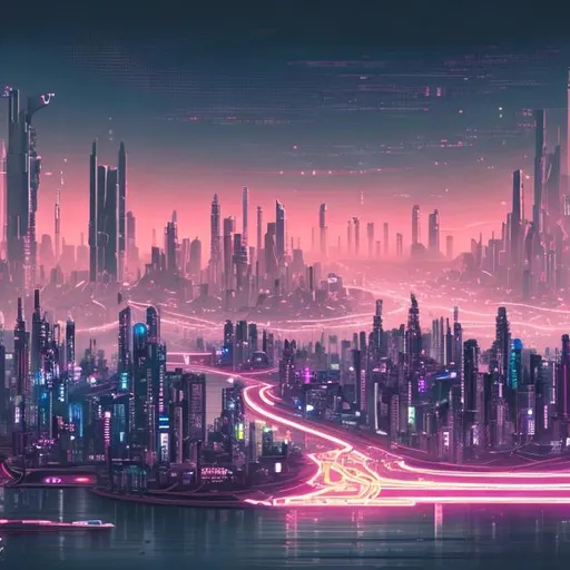 Prompt: cyberpunk city with river and coast