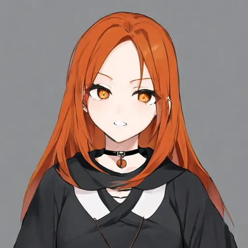 Prompt: Portrait of a cute girl with long, orange hair and grey eyes wearing a black shirt and necklace 