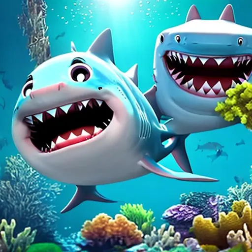 Prompt: Animated cartoon Baby Shark's underwater adventure.
