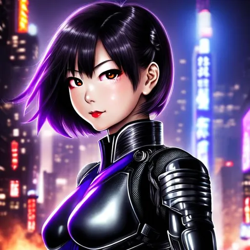 Prompt: Genshin_Impact style headshot of a female android close-up, a city on fire in the background, short black hair, purple eyes, latex combat suit
