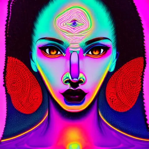 Prompt: Hypnotic illustration of woman, dreadlocks, brown skin, hypnotic psychedelic art by Tokio Aoyama, pop surrealism, purple glow neon paint, mystical,  geometric