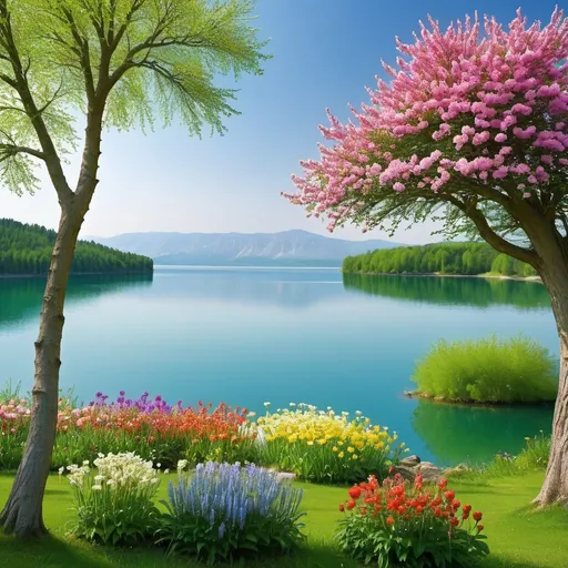 Prompt: trees, fascinating lake view, flowers