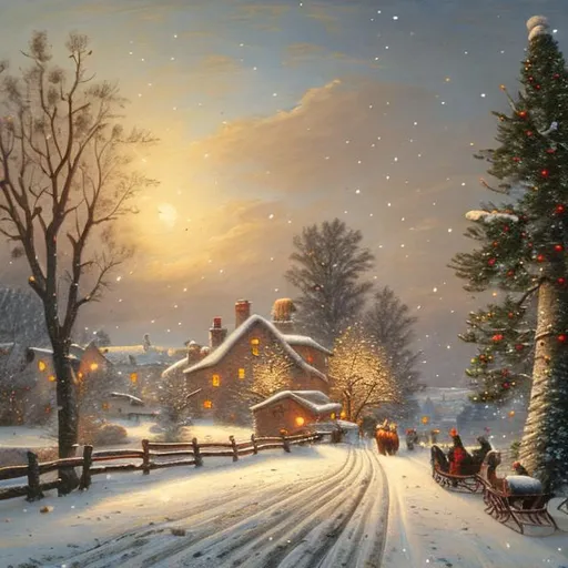 Prompt: Painting of a winter scene at twilight, in a romantic realism style, with a farmhouse with two chimneys in the background, snow on the ground and on pine trees, with a wooden bridge in the foreground being crossed by a horse drawn sleigh with a christmas tree in the back of the sleigh