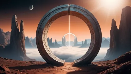 Prompt: circular portal, gateway between worlds, gateway to another planet, ring, ring standing on edge, freestanding ring, complete ring, panoramic view