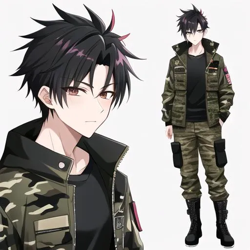 Prompt:  Yuichi 1male. {{Black spiky hair}} Wearing a camouflage jacket, cargo pants, sturdy boots, utility belt with pockets. Adam Manyoki, UHD. 4K. Highly detailed face. Adult