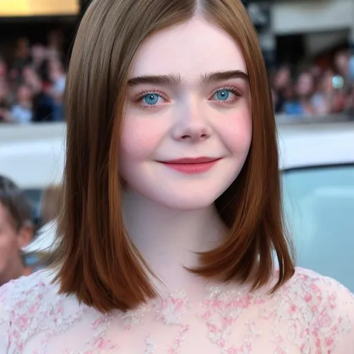 Prompt: Elle Fanning looking beautiful with brunette hair cut into a bowl cut.
