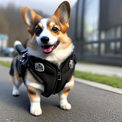 Prompt: A Corgi wearing spy gear, spy gear, blur the background, a fancy black car in the midground behind the dog, have a gun attached to the side of the dogs vest