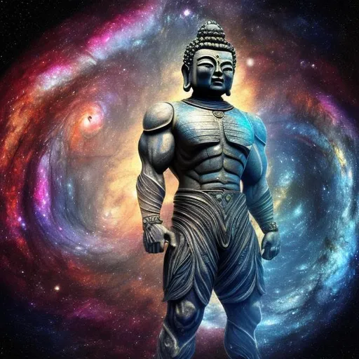Prompt: labradorite armored bodybuilding buddha, widescreen, infinity vanishing point, spiral galaxy nebula background