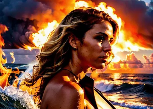 Prompt: long shot scenic hyperrealistic, photo of A fire ocean, waves turn into fire at the break, perfect viewpoint, with dramatic sunset,  natural lighting, ecclectic design, florida, with A{beautiful woman} with {sunset} hair and with cute face,  perfect composition, hyperrealistic, super detailed, 8k, high quality, trending art, sharp focus, studio photo, intricate details, highly detailed
