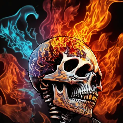 Prompt: A remake Skeleton surrounded by colorful flames