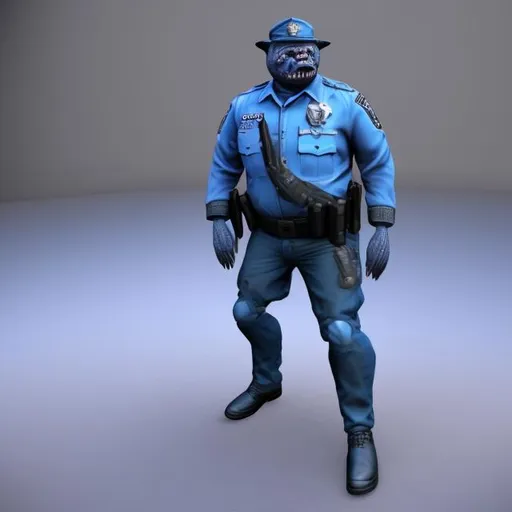 Prompt: A zombfiede humanoid pig-police officer in full, blue uniform.