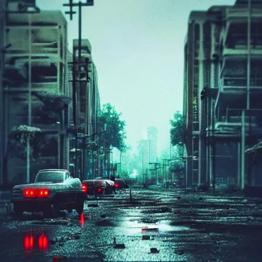 Prompt: post - apocalyptic, raining, building, avenue,urban americana concrete architecture, paved roads,  photorealistic, neon ambiance, ultra - detailed, high definition, depth of field, sad, people,despair, wild vegetation, blood stains, crumbling, post -