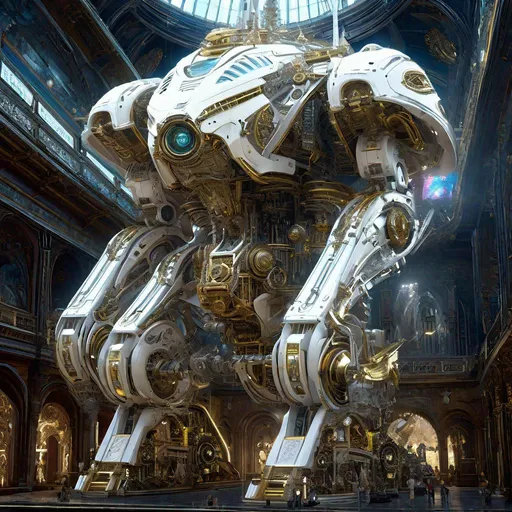 Prompt: "Rococo Gothic White cybernetic industrial giant mech Flying In the cosmic Galaxy, hyperdetailed photoillustration photorealism van Gogh Cinema 4D Oil painting Huang Guanjian finalRender lifelike Greg Rutkowski ismail Inceoglu Todd McFarlane Gustave Doré 16K resolution Unreal Engine 5 3D shading Alphonse Mucha hyperrealism Dan Witz photorealism hyperdetailed"