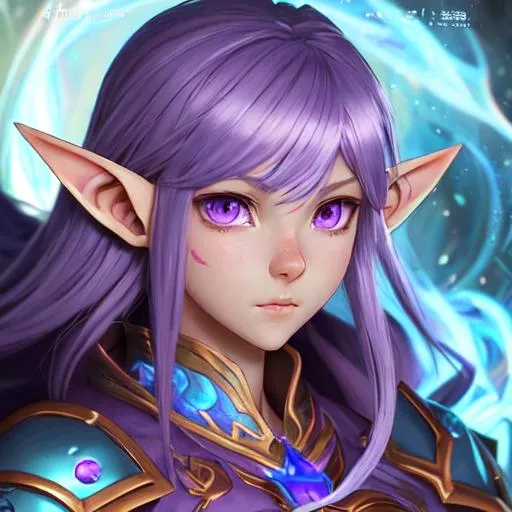 Prompt: female astral elf oath of wile Paladin character concept art and illustration by akihiko yoshida, style of pixar, amazing detailed face closeup, medium purple hair, big beautiful eyes swirl with iridescent colors, wearing traveler's clothes, action, madhouse and kyoani character face, cute, pretty girl, portrait, pixiv, artstation, spectacular details, Volumetric Lighting, Dramatic lighting