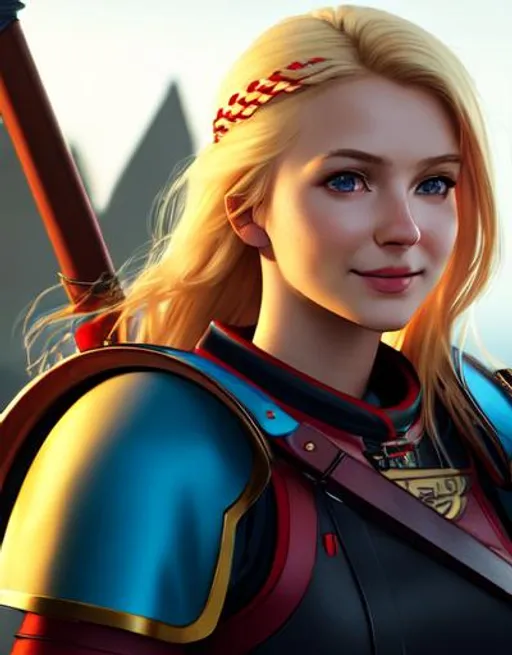 Prompt: Digital Art, 20-year-old viking woman, subtle smile, blonde hair with one braid, light blue eyes, dark red gear, red armor, red clothes, unreal engine 8k octane, 3d lighting, full body, full armor