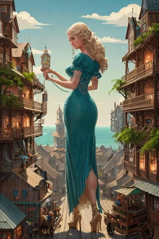 Prompt:  300 foot tall   zoom out, gorgeous, beautiful woman unpacking things in the miniature coastal town, beautiful colors, tiny people, carts, horses, trees, , trending on artstation,  studio shot, fase detailed, intricate detail, highly detailed, by Amanda Clark