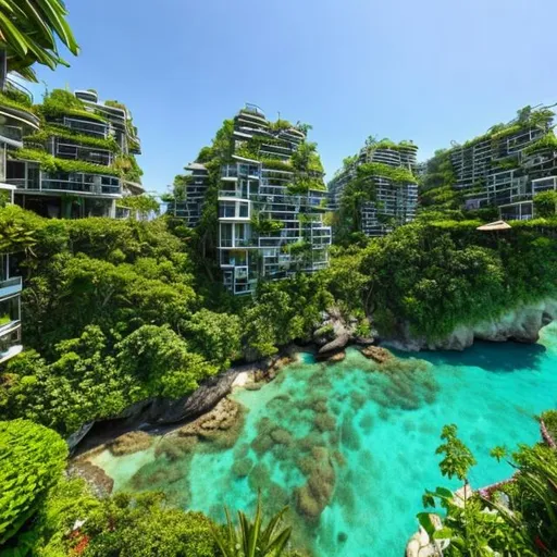 Prompt: Design a beautiful arcology on the ocean shore of a jungle planet, with garden terraces and lots of clean windows.
