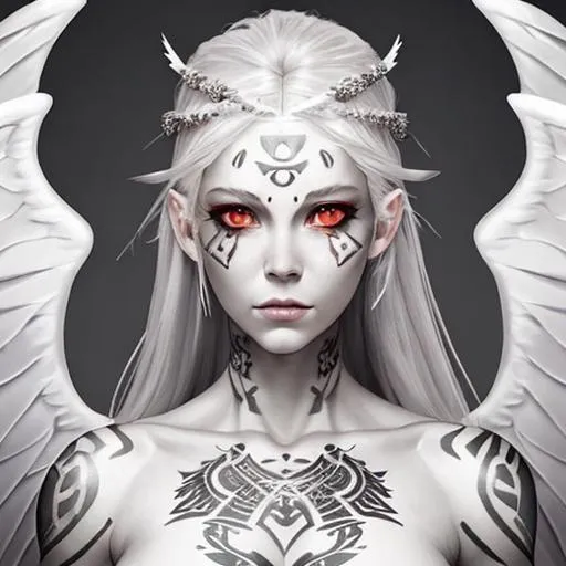 Prompt: Goddess, {alabaster skin}, {silver hair}, {red eyes}, female, perfect body, muscle woman, {short stack}, {photo realistic}, {cover art}, ethereal, {tribal tattoos}, {gossamer skin}, {large angelic wings}, perfect face