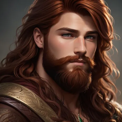 Prompt: very detailed portrait of a strikingly handsome 23 y.o. male druid, fantasy, intricate, muscular, auburn beard, wavy auburn hair,  very detailed hazel eyes, digital painting, artstation, concept art, smooth, sharp focus, illustration