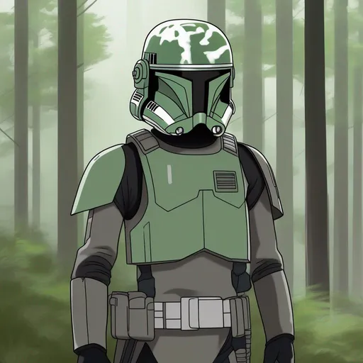 Prompt: Whole body. Full figure. Star wars rebel alliance soldier. Green gray uniform. he wears a rebel helmet. In background a deep forest. Rpg art. Star wars art. 2d art. 2d. Well draw face. Detailed. 
