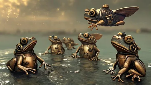 Prompt: Steampunk Frogs swimming in the ocean during world war 3
