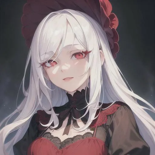 Prompt: (masterpiece, illustration, best quality:1.2), medium pure white hair, red eyes, wearing black nightgown, best quality face, best quality, best quality skin, best quality eyes, best quality lips, ultra-detailed eyes, ultra-detailed hair, ultra-detailed, illustration, colorful, soft glow, 1 girl, happy expression