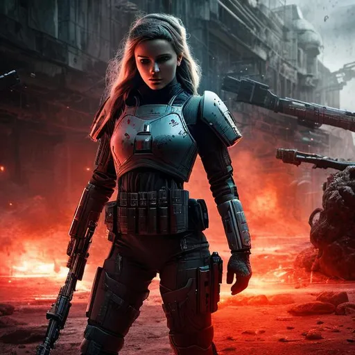 Prompt: create a photograph of future fictional elite space soldier female who is battle-scarred and covered in blood, extremely detailed environment, detailed background, intricate, detailed skin, natural colors , professionally color graded, photorealism, 8k, moody lighting
