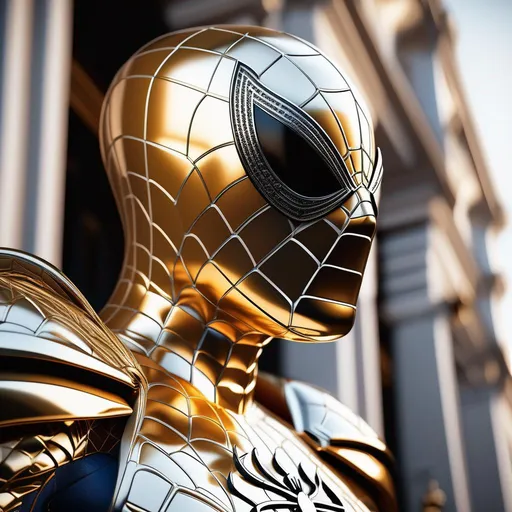 Prompt: a close up  a spider - man costume, a raytraced image, trending on Artstation, digital art, intricate white and gold armor, made out of shiny silver, 8k highly detailed ❤🔥 🔥 💀 🤖 🚀, white biomechanical details, trending on artstation, sharp focus, studio photo, intricate details, highly detailed, by greg rutkowski