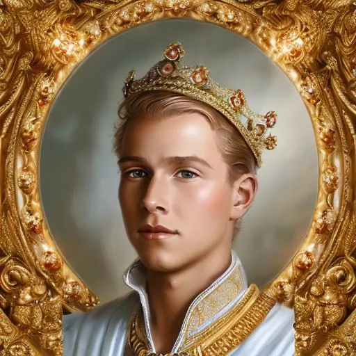 Prompt:  Oil Painting of A very handsome young, Little blonde boy Prince Charming wearing a gold and diamond crown. Dressed in a white and gold highly ornate royal clothing with a white bischon frices dog. Epic perspective. Digital art. Masterpiece quality. Fantasy art. Hyper detailed. Lens flares.