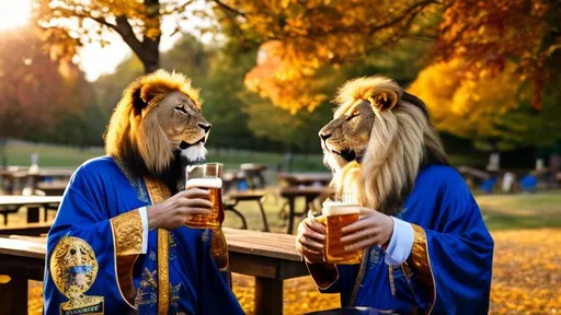 Prompt: smiling lion in a regal royal blue and gold robe drinking from a stein of beer at a picnic table in a beer garden with fall foliage 