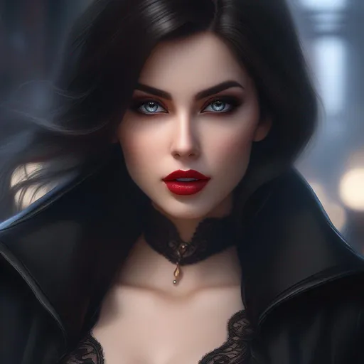 Prompt: Lady vampire with black hairy, victorian city, myst, highly detailed, professional, render, Sharp focus, HD, UHD, HDR, hyperrealistic ((hyperdetailed eyes)), perfect body, perfect anatomy, beautifully detailed face, full body, highly detailed, digital painting, artstation, hyperrealistic, sharp focus, illustration, art by artgerm and greg rutkowski and alphonse mucha, 8k, pretty eyes, award-winning cgi, blender, headshot