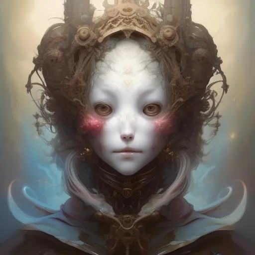 Prompt: unsettling digital art by ayami kojima, peter mohrbacher. blank mask. She has no face, no eyes, blank, empty, but we feel her smile. Empress’s mouthless lips move with the sound of the beginning of time – the sound that came before all sounds, before all light in the depths of space. madoka magica, artstation, 8k resolution, volumetric lighting, spectacular effects