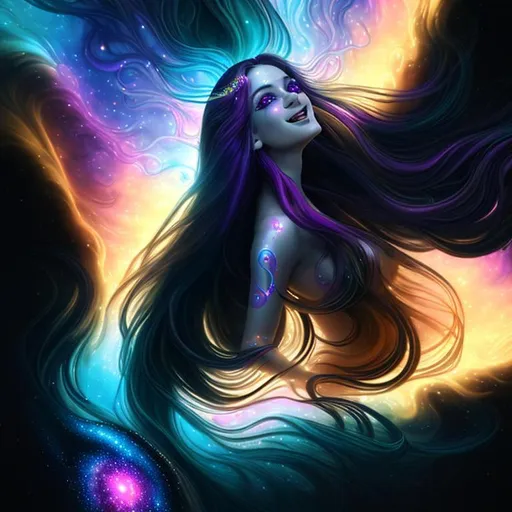 Prompt: Exuberant, Happy, Joyful, Affectionate, psychedelic cinematic, Nebula, 3D HD Beautiful [{one}{Goddess}Female long flowing hair and liquid satin, Beautiful big reflective eyes, beautiful hands]::2, expansive metallic background, supernova, freeform colorful ink chaos, hyper realistic, 64K --s98500