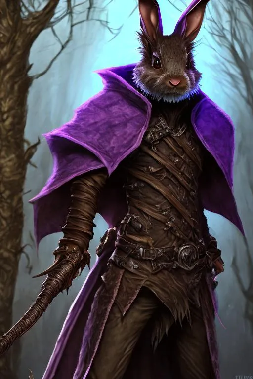 Prompt: short skinny male rabbitfolk rogue, thin face, brown fur, holding a purple glowing rapier, wearing leather armor and long scarf, dnd character art style,  forest swamp background, cool purple lighting scheme, by Hyung-tae Kim and Krenz Cushart and artgerm on artstation, full portrait view, d&d, dnd, dungeons and dragons