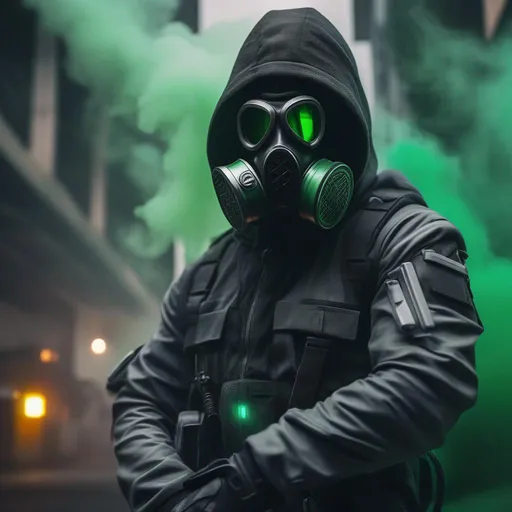 Prompt: Male agent with a gas mask, black and grey cyberpunk outfit with a hood with arms crossed, Surrounded by green smoke, Hyperrealistic, sharp focus, Professional, UHD, HDR, 8K, Render, electronic, dramatic, vivid, pressure, stress, nervous vibe, loud, tension, traumatic, dark, cataclysmic, violent, fighting, Epic